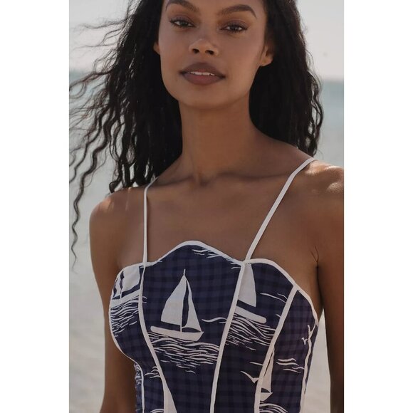 Anthropologie Celandine Scallop Piped Mini Dress Ship Print Nautical L - Picture 2 of 4